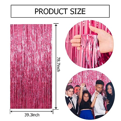 BOMSI 2 Pack Pink Foil Fringe Curtain Tinsel Backdrop for Party Decorations