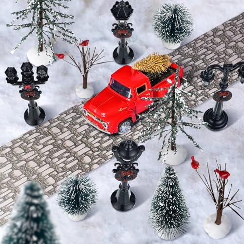Aoriher 15 Pcs Christmas Figurine Village Accessories Miniature Pine