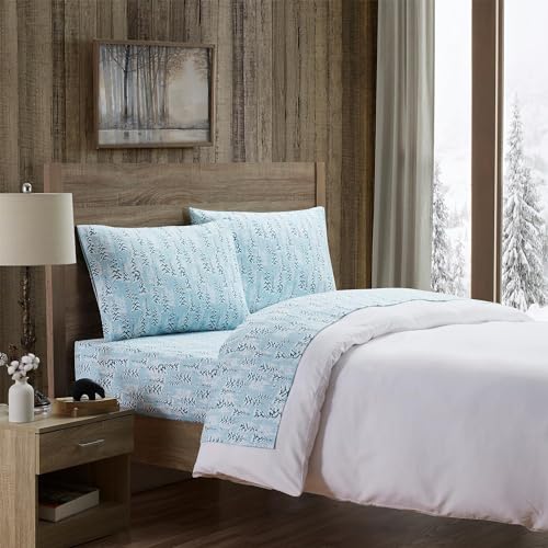 BEARPAW Blue Winter King Size Flannel Bed Sheet Set - Cozy & Breathable