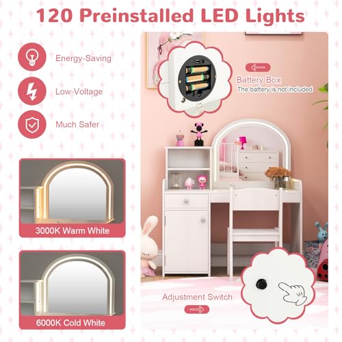 Kids Vanity Set with Lighted Mirror, Chair, and Storage - White Wooden Desk