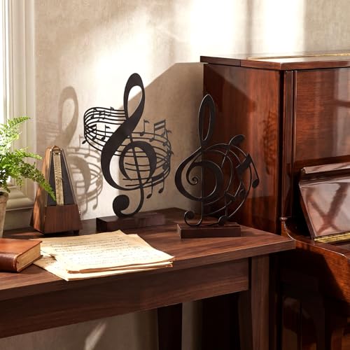 2 Pcs Metal Music Note Sculpture with Wood Stand for Home Office Decor