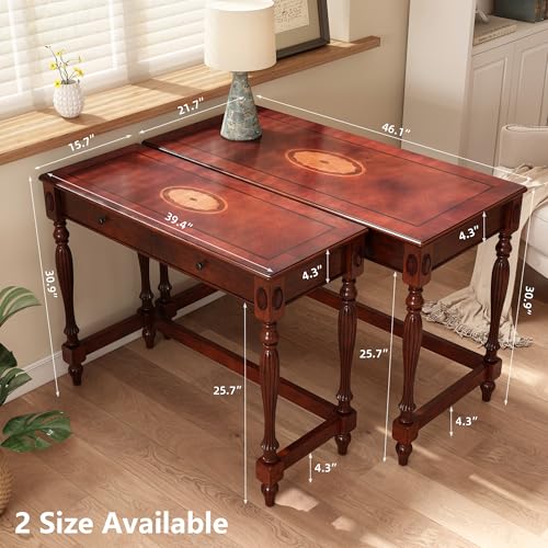 Vintage Wood Writing Desk and Button-Tufted Stool Set with 2 Drawers