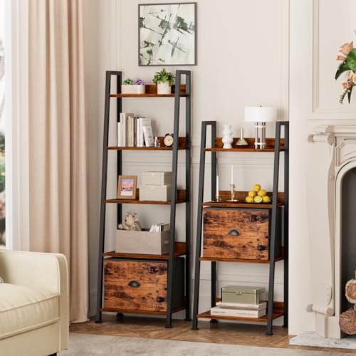 5-Tier Industrial Ladder Shelf with Fabric Drawer, Rustic Wood Bookshelf