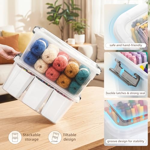 17QT Clear Plastic Craft Organizer and Storage Bin with 6 Detachable Inserts and Lid