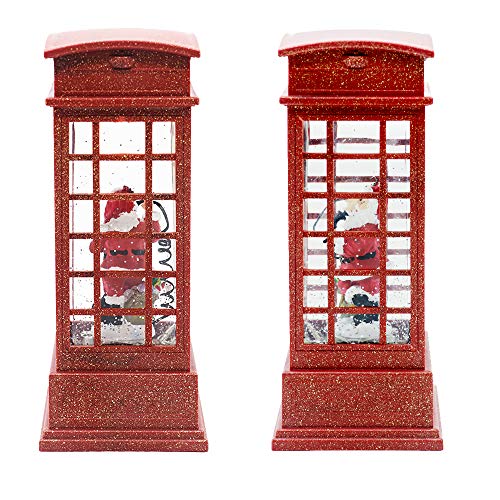 Lighted Red Phone Booth Christmas Snow Globe Lantern with Timer