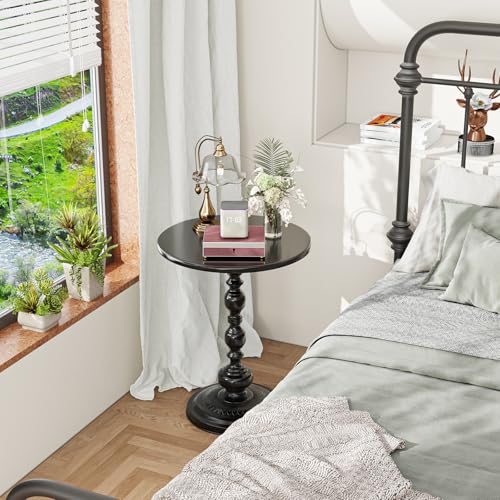 Small Round Side Table - Metal Pedestal End Table for Living Room, Black