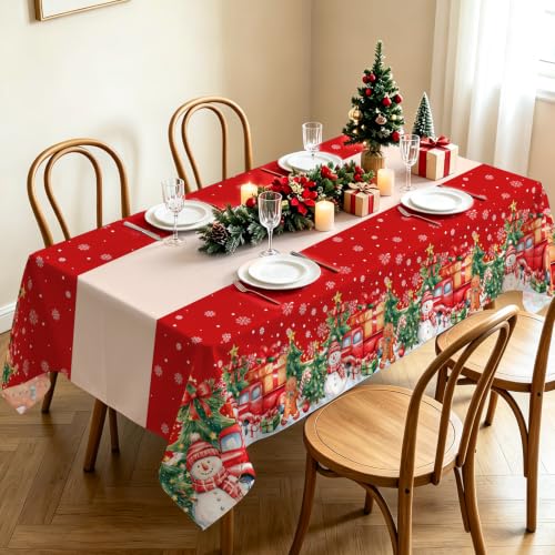 Christmas Snowman Red Disposable Plastic Tablecloths 54 x 108 Inch, Pack of 3 — Winter Holiday Party Supplies
