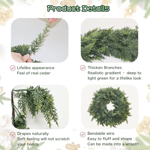Senjie 5FT Real Touch Cedar Garland with Wire for Mantle & Holiday Decor