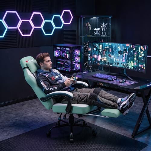 Ergonomic Fabric Gaming Chair with Massage Lumbar Support and Footrest