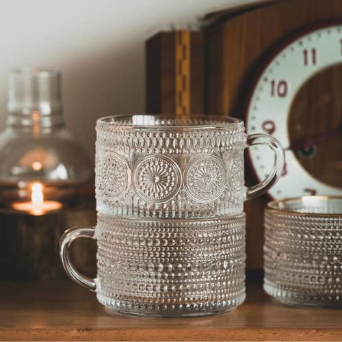 Mfacoy Translucent Vintage Coffee Mug Set of 2, 14 oz Embossed Glass Cups with Handle for Hot & Cold Beverages
