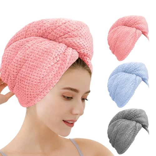 OEAGO Microfiber Hair Towel for Women Teen Girls - Fast Dry, Gentle, Lightweight - Blue, Grey, Pink