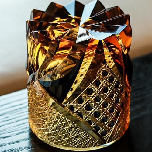 JINZHI Edo Kiriko Hand-Carved Gold Sake Glass Cup - Japanese Artisan Crystal Barware