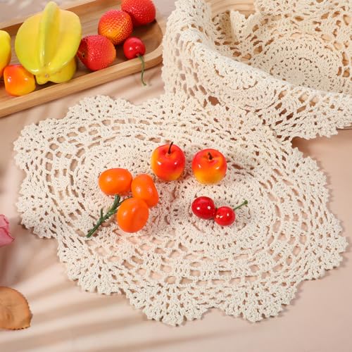 Beige Crochet Doilies 2-Piece Oval Runner Placemats Set — Handcrafted Cotton Lace Coasters