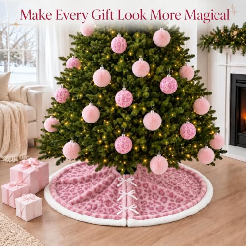Relaxgiant 48 Inch Pink Leopard Christmas Tree Skirt Faux Fur Holiday Decor
