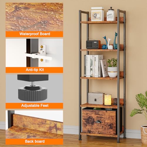 5-Tier Tall Narrow Bookshelf with Fabric Drawer - Rustic Brown