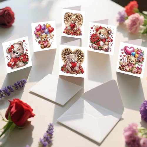 MVVMTOP 6pcs Diamond Painting Greeting Card Kit with Bear & Balloon Envelopes (DIY Xmas Birthday Thanksgiving)