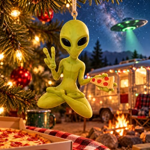 Funny Alien Christmas Ornament with Pizza - Sci-Fi Holiday Decor