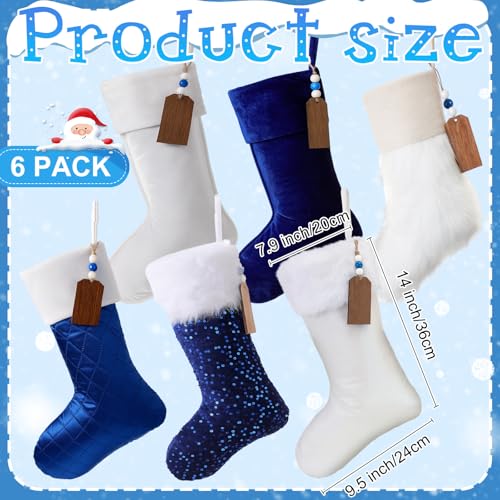 Blue Christmas Stockings 6-Pack with 6 Wooden Name Tags - MiniInflat
