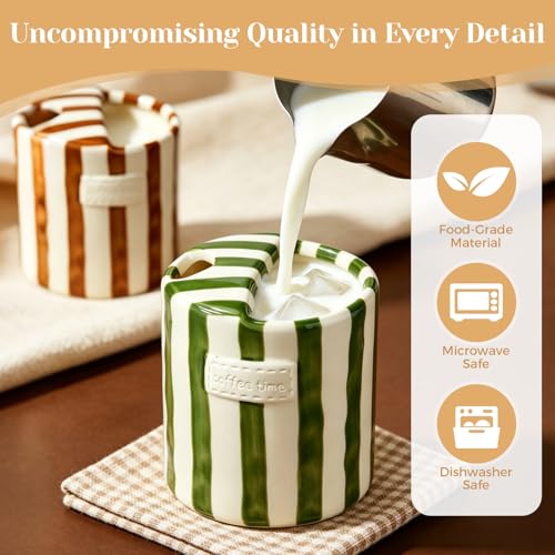 Alasynic Green Vintage Striped Ceramic Travel Mug 10oz - Cute Green Coffee Cup with Sip Hole