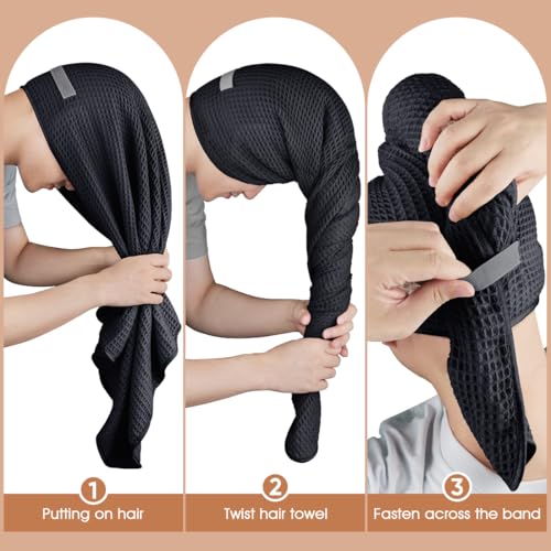 Black Microfiber Hair Towel Wrap 40" x 26.5" - Fast Drying, Curly & Thick Hair, Elastic Strap