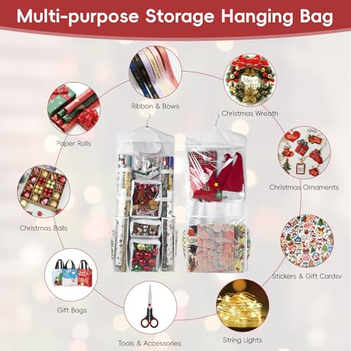 Double-Sided Hanging Wrapping Paper Organizer with Pockets