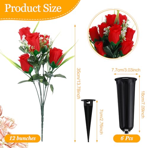 Tigeen 6-Set Red Cemetery Flowers for Grave with Vases and Spikes