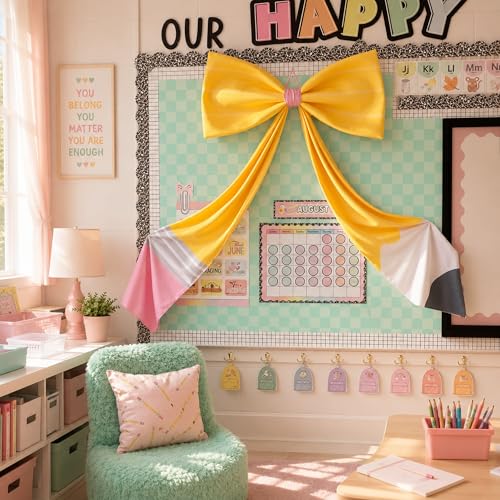 Giant Pencil Bow Classroom Decor - 42x24 Inch Back to School Hanging Decor
