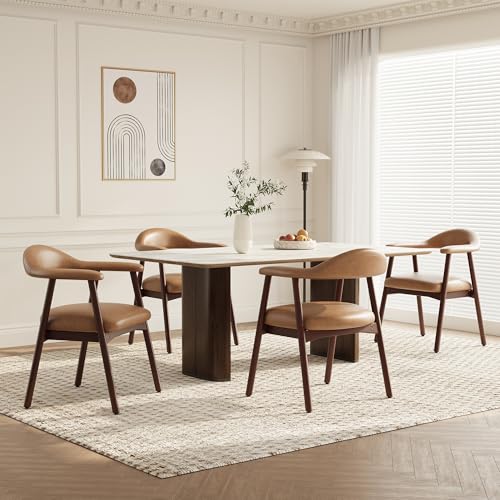 Upholstered Leather Dining Chairs with Armrests, Set of 4, Brown
