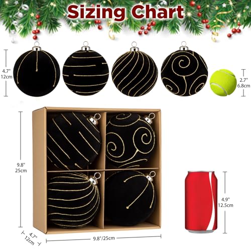 GnFlus Black Velvet Christmas Ornaments 4.7 Inch - Elegant Large Holiday Balls for Tree Decoration, Wedding & Halloween, 4 Pack