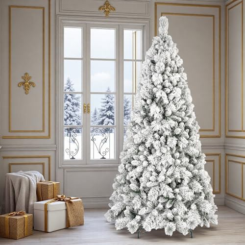 Trygoal 7FT White Flocked Artificial Christmas Tree with Tips & Metal Stand
