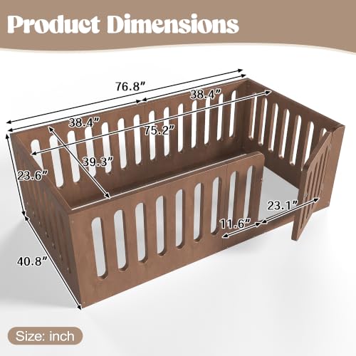 Twin Size Montessori Floor Bed Frame with High Fence and Door, Natural Wood