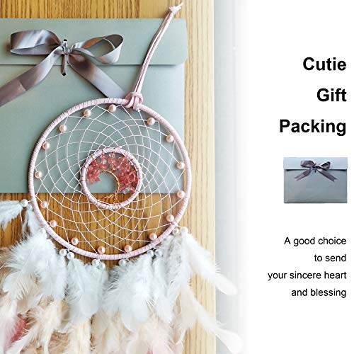 Pink Dream Catcher with Tree of Life and Natural Rose Quartz Crystal Stones