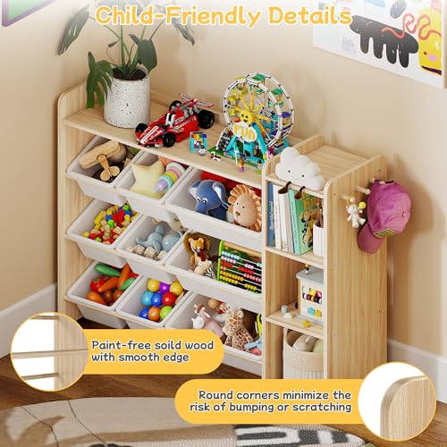 Kids Toy Storage Organizer with 9 Bins and 3-Tier Wooden Shelves