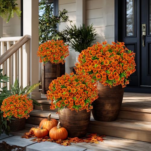 Artificial Fall Mums Outdoor UV Resistant Silk Flowers - 16 Pack, Red Orange