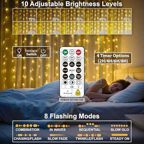 HXWEIYE 300LED Fairy Curtain Lights 9.8x9.8Ft USB Remote Warm White