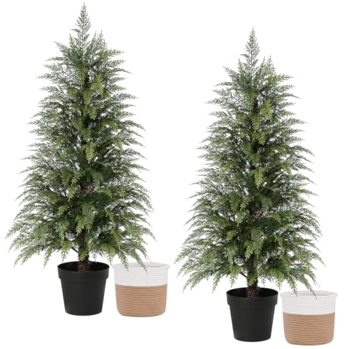 Waipfaru 4FT 2-Pcs Dark Green Cypress Artificial Christmas Trees in Woven Baskets - Outdoor/Indoor