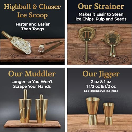 Highball & Chaser Antique Gold Bartender Kit with Bamboo Stand – Cocktail Shaker Set & Bar Tools