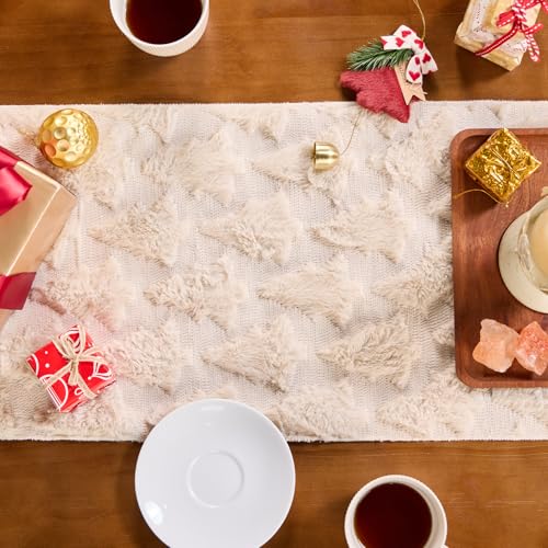 Mostop Cream Tree Christmas Table Runner 13x72 Inch Faux Fur Holiday Decor