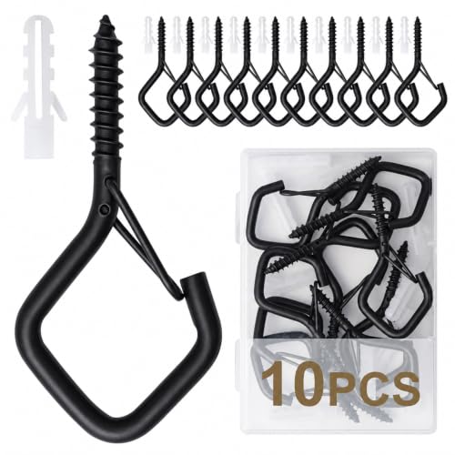 2.2-Inch Screw-In Hanger Hooks with Safety Buckle - 10 Pack, Black