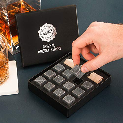 Premium Black Marble Whiskey Stones Gift Set - Natural Reusable Ice Cubes for Bourbon, Scotch, Gin, Wine - 12 Pieces with Storage Bag