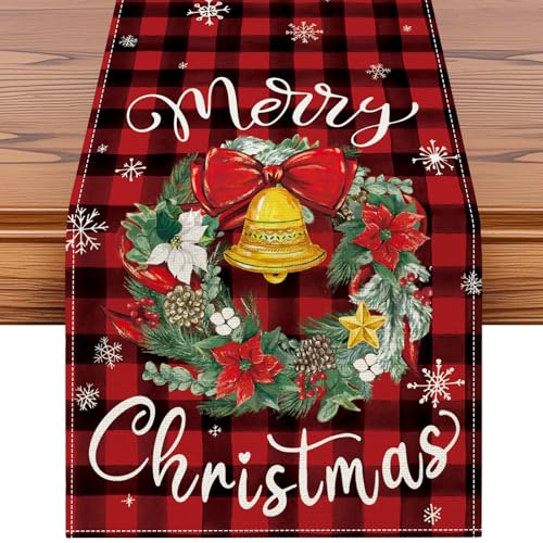 Artscope Buffalo Plaid Red Wreath Christmas Table Runner 13x48 Inch Holiday Decor