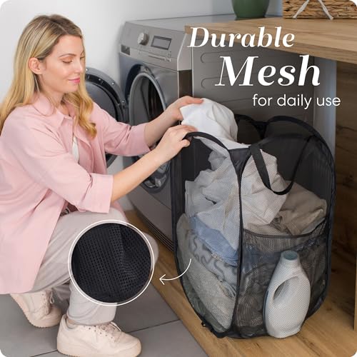 Handy Laundry Collapsible Mesh Pop-Up Hamper with Side Pocket - Black
