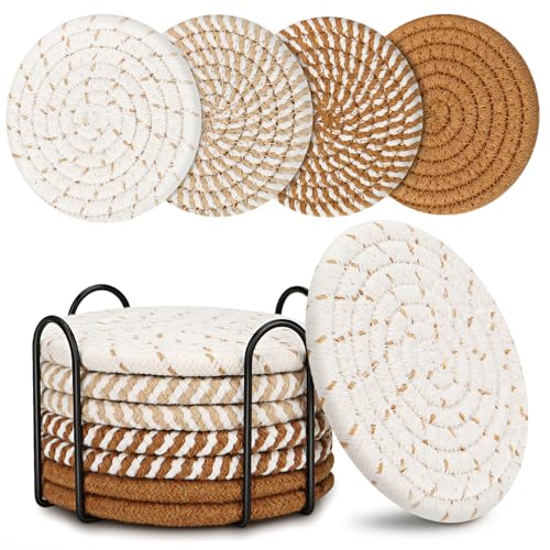 Absorbent Cotton Drink Coasters - 8-Piece Boho Set with Holder