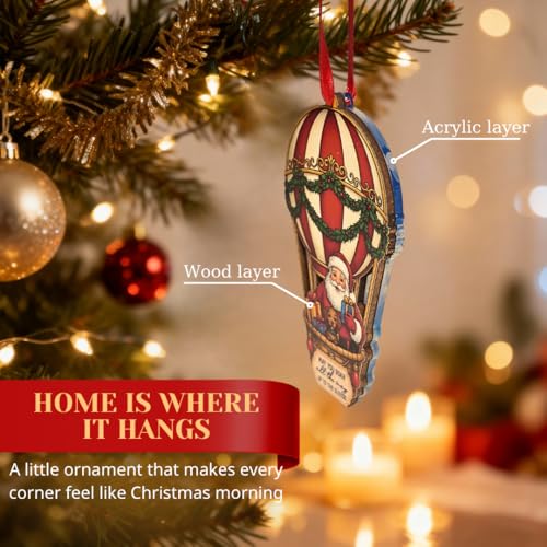 BlinkWishes Santa Hot Air Balloon Ornament for Christmas Tree – Wood & Acrylic 3D Travel Santa