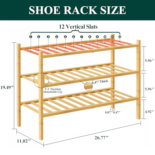 3-Tier Bamboo Shoe Rack - Stackable Wooden Shoe Organizer, 27-Inch Wide