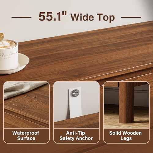 55-Inch 6-Drawer Mid-Century Modern Wood Dresser, Walnut Bedroom Chest
