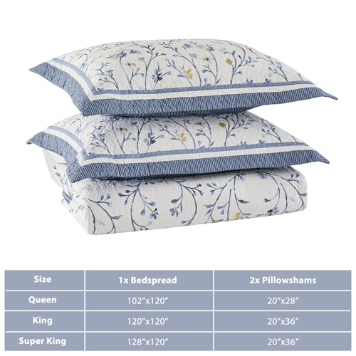 Oversized King Bedspread Set - 100% Cotton Floral Quilt 128x120