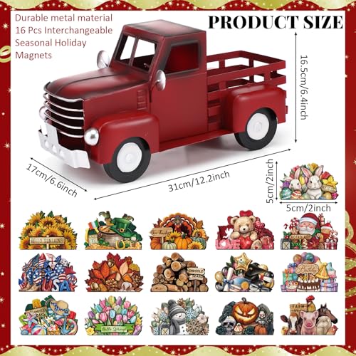 12.2-Inch Vintage Red Metal Pickup Truck with 16 Interchangeable Magnets