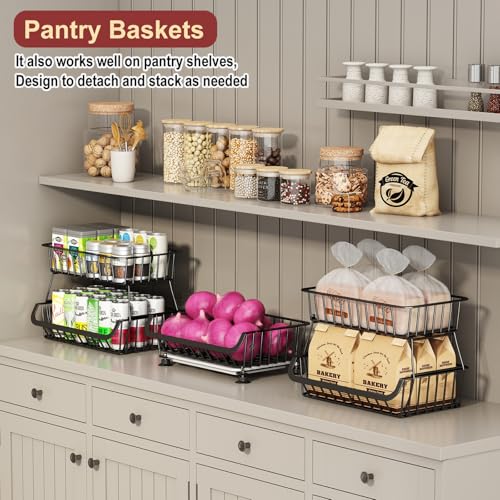 3-Tier Rolling Pantry Cart, Stackable Wire Fruit & Vegetable Basket Stand