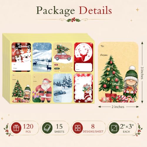 120 PCS 8 Designs Self Adhesive Christmas Gift to from Stickers